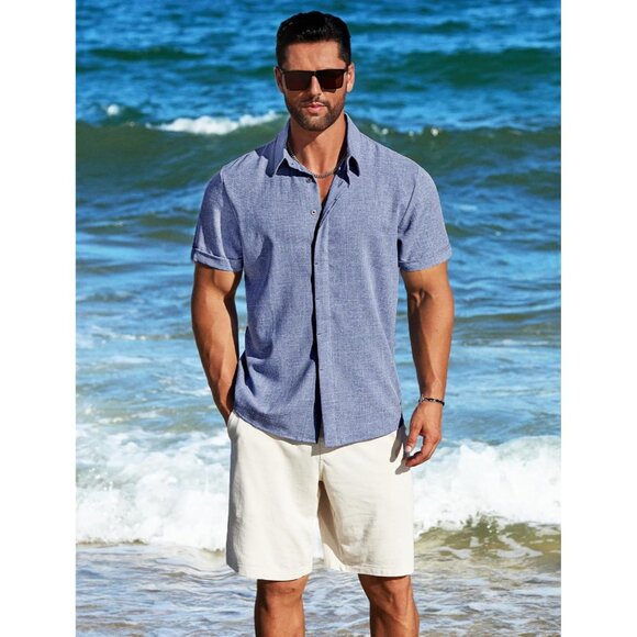 Men's  A-denim Blue Linen Short Sleeve Button Down Casual Shirt Business Dress - Picture 3 of 6
